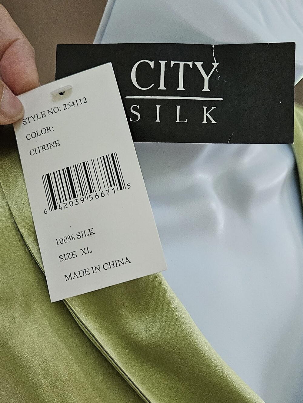 NWT City Silk 100% Silk Tie-Neck Satin Blouse Citrine Green Long Sleeve - Picture 4 of 6